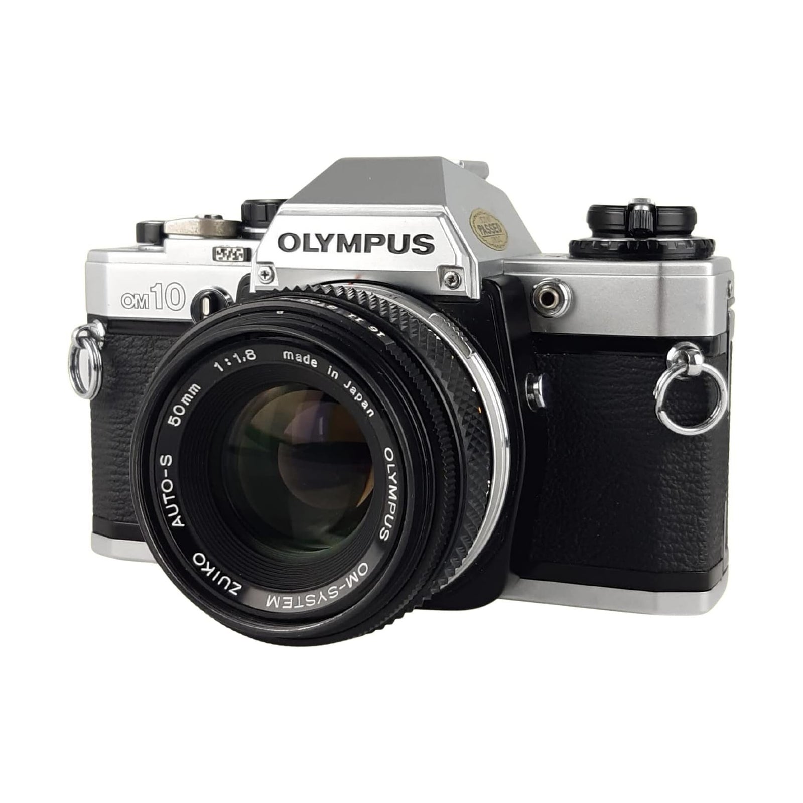 ClubCamera Olympus OM-10 35mm SLR film camera front angle with Zuiko 50mm f/1.8 lens and chrome mount ring