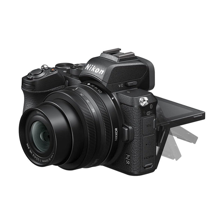 ClubCamera.com black Nikon Z50 flip-out touchscreen LCD extended upward for vlogging