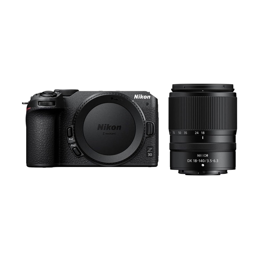ClubCamera.com Nikon Z30 camera body and NIKKOR 18-140mm lens side-by-side with Fn buttons visible