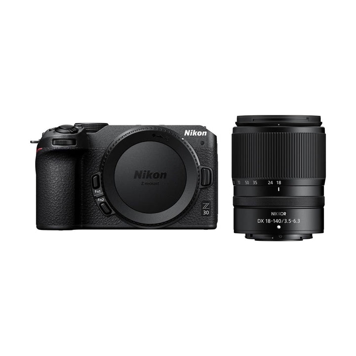 ClubCamera.com Nikon Z30 camera body and NIKKOR 18-140mm lens side-by-side with Fn buttons visible