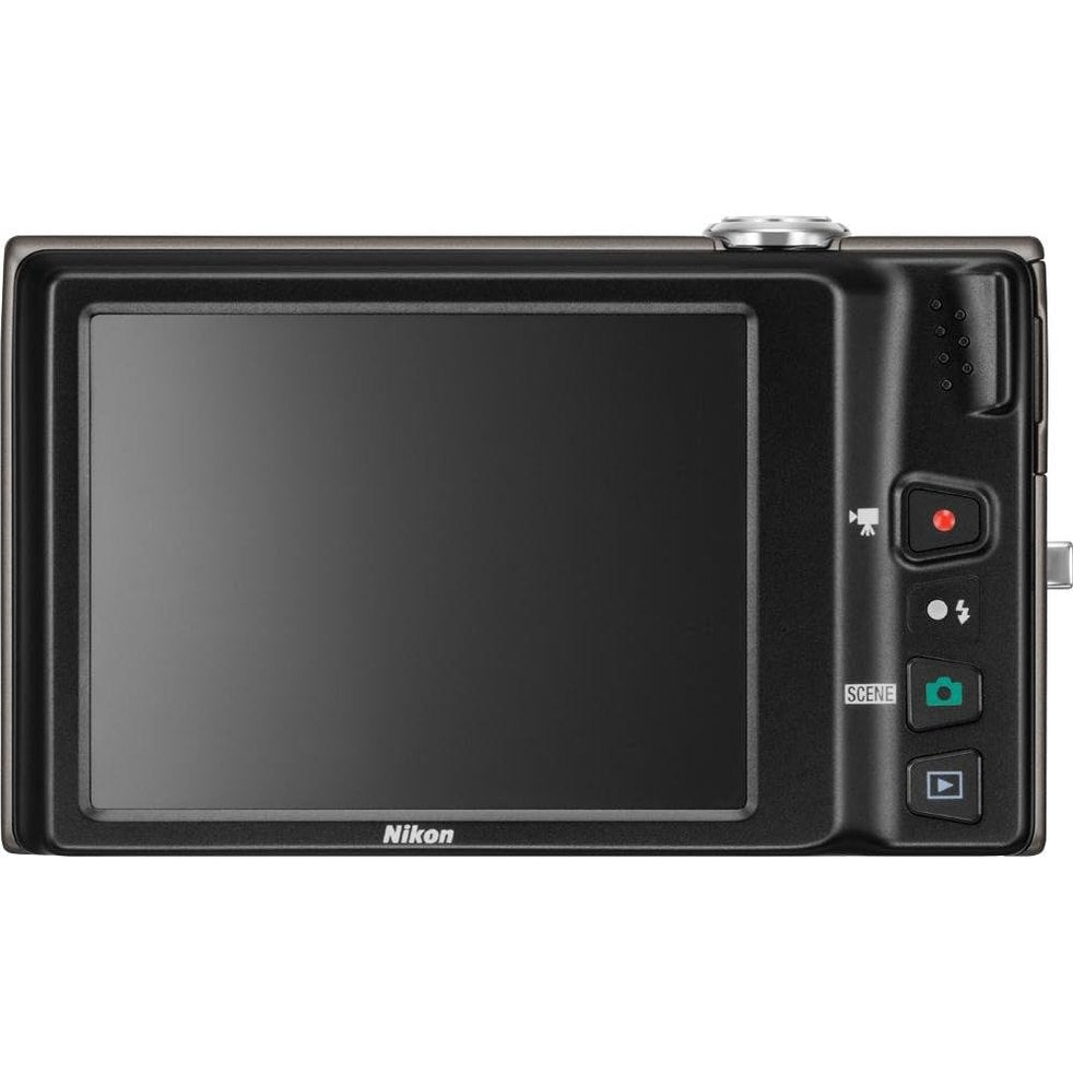 ClubCamera.com black Nikon Coolpix S6100 rear view showing large LCD screen, scene mode button, and video record controls