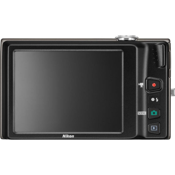 ClubCamera.com black Nikon Coolpix S6100 rear view showing large LCD screen, scene mode button, and video record controls