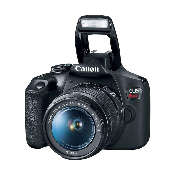 ClubCamera.com black Canon Rebel T7 DSLR with raised pop-up flash and 18-55mm lens