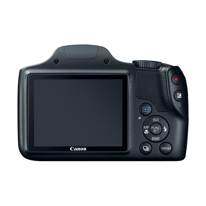 ClubCamera.com rear view of black Canon PowerShot SX520 HS with LCD screen and control buttons