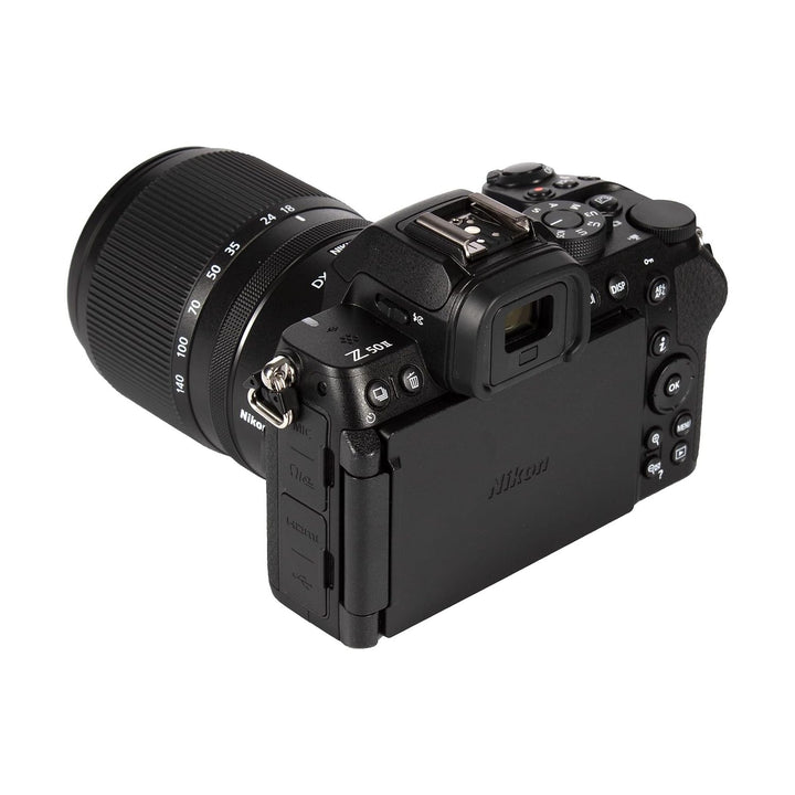 ClubCamera.com rear angled view of black Nikon Z50II with flip-out LCD screen, top controls, and HDMI USB-C ports