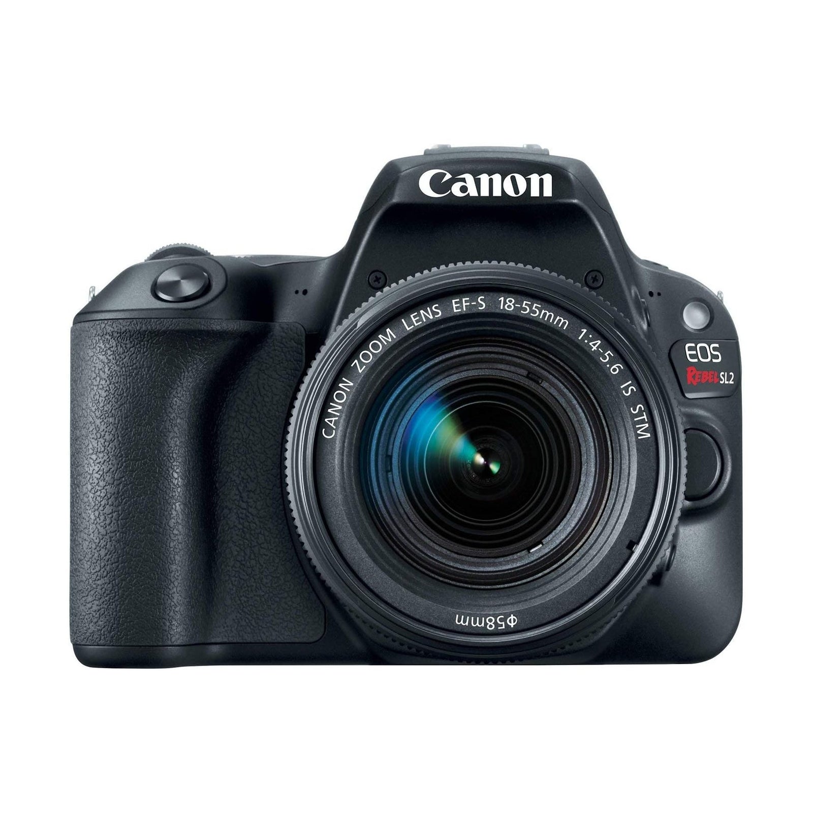Front shot black Canon EOS Rebel SL2 DSLR with EF-S 18-55mm lens and red EOS badge from ClubCamera.com