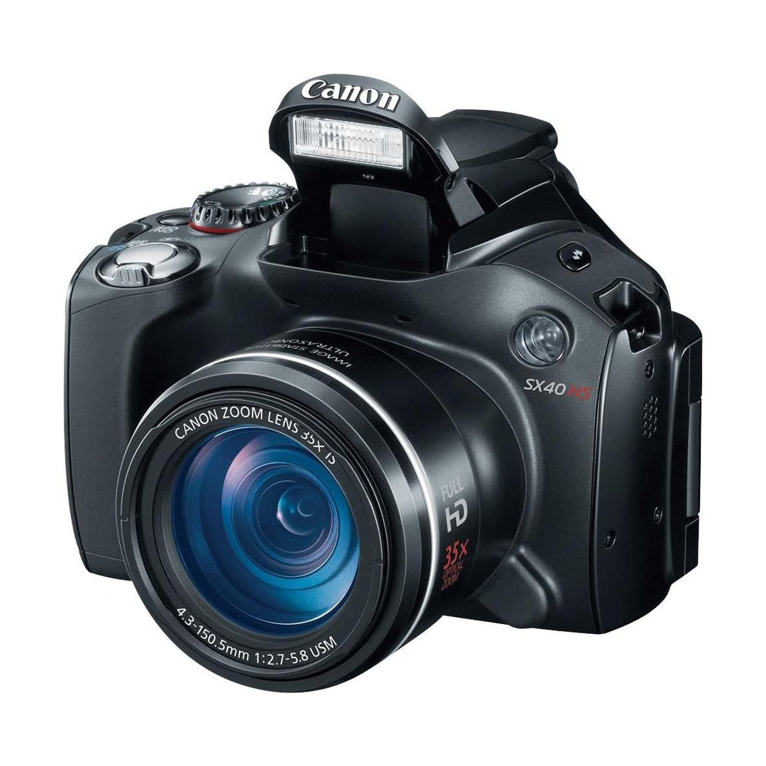 ClubCamera.com black Canon PowerShot SX40 HS front view with raised flash and 35x zoom lens text