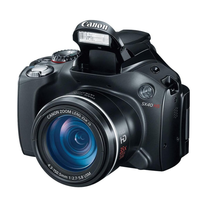 ClubCamera.com black Canon PowerShot SX40 HS front view with raised flash and 35x zoom lens text