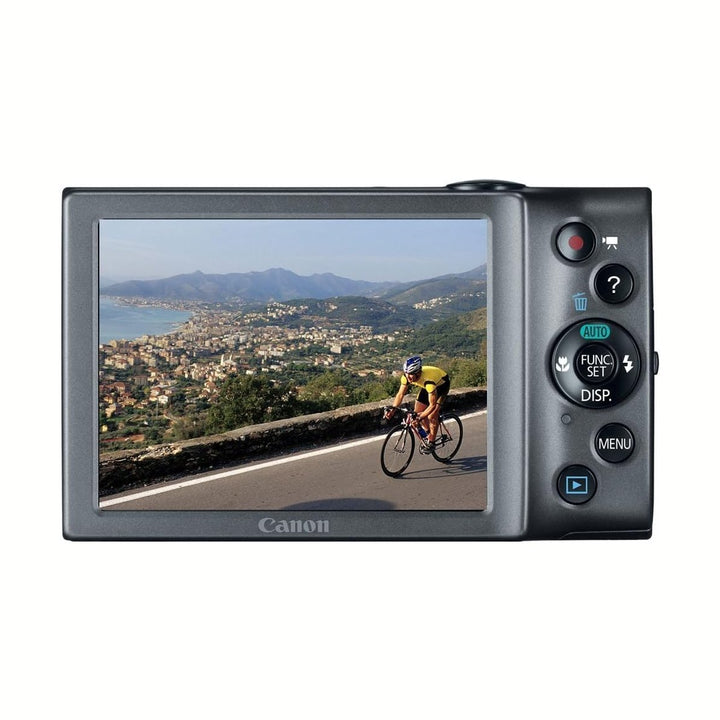 Black Canon PowerShot A3400 IS digital camera back view with 3.0 touchscreen LCD showing outdoor cycling scene by ClubCamera.com