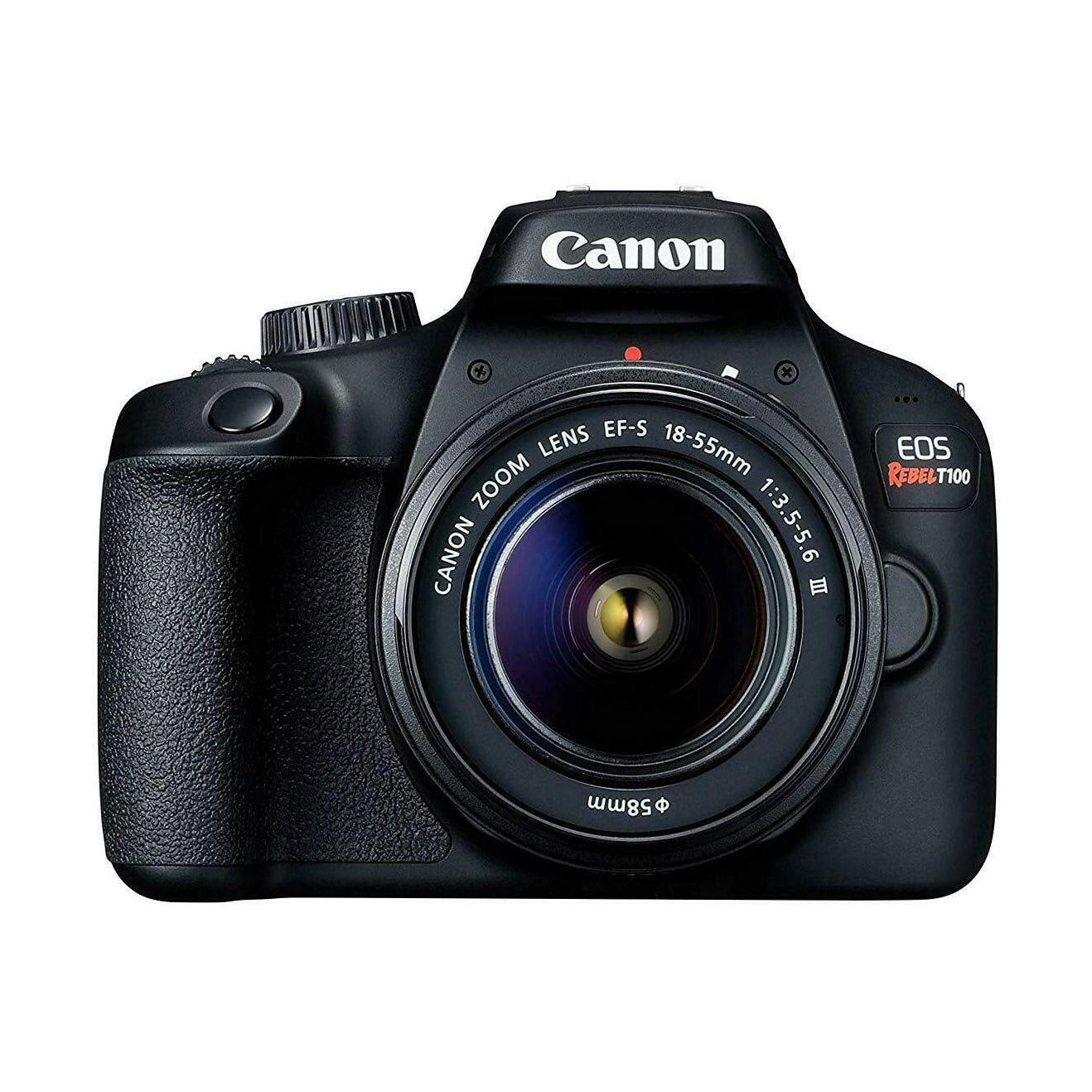 ClubCamera.com black Canon EOS Rebel T100 DSLR with EF-S 18-55mm lens attached showing mode dial and front badge
