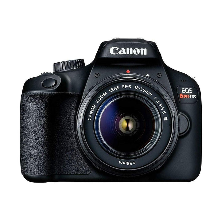 ClubCamera.com black Canon EOS Rebel T100 DSLR with EF-S 18-55mm lens attached showing mode dial and front badge