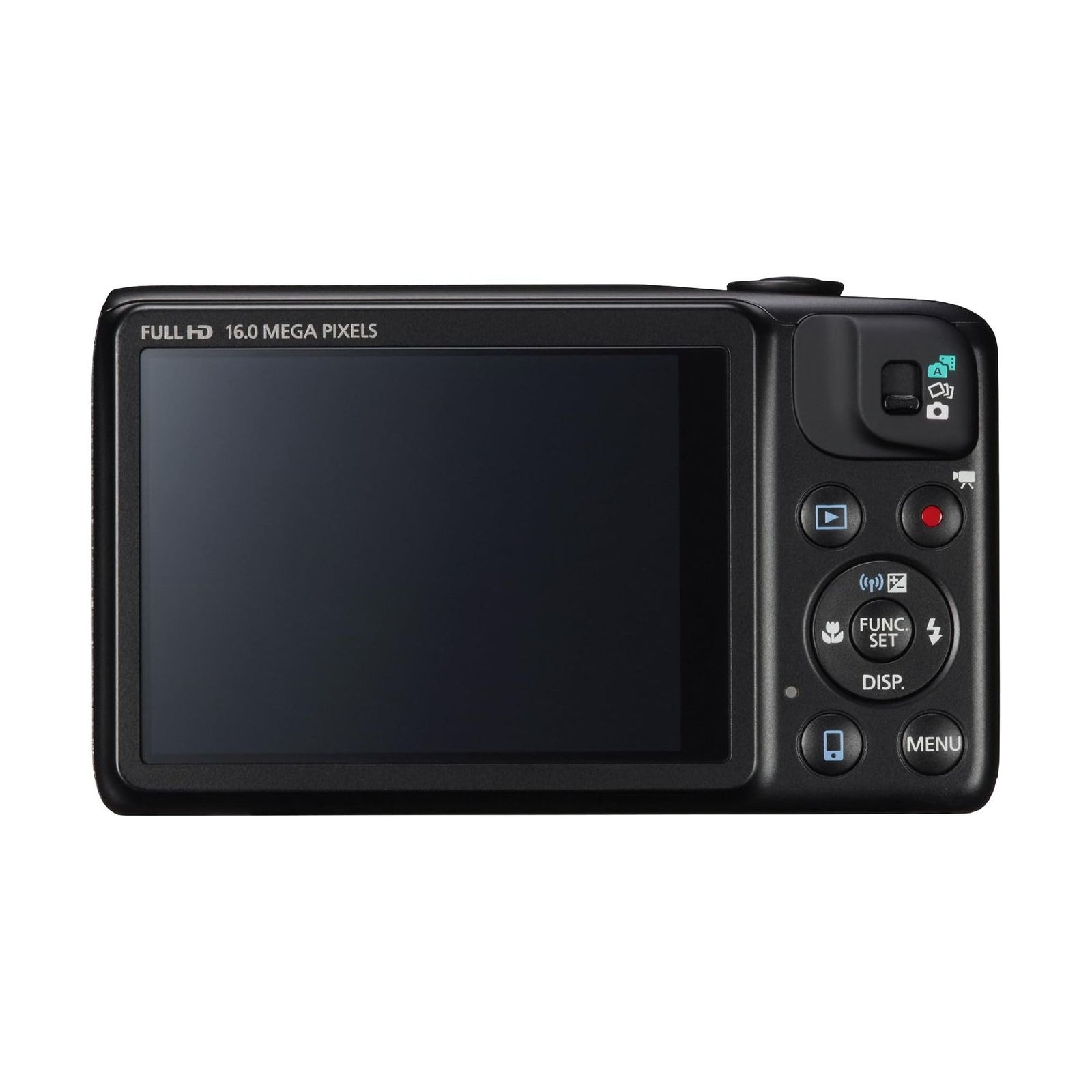 ClubCamera.com rear view of black Canon PowerShot SX600 HS showing Full HD LCD screen and mode dial controls