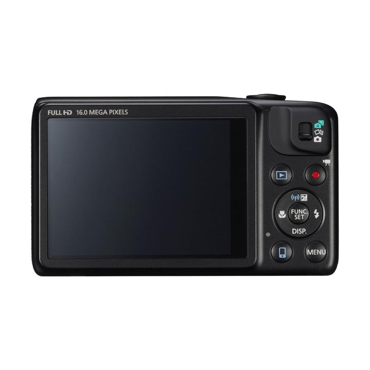 ClubCamera.com rear view of black Canon PowerShot SX600 HS showing Full HD LCD screen and mode dial controls