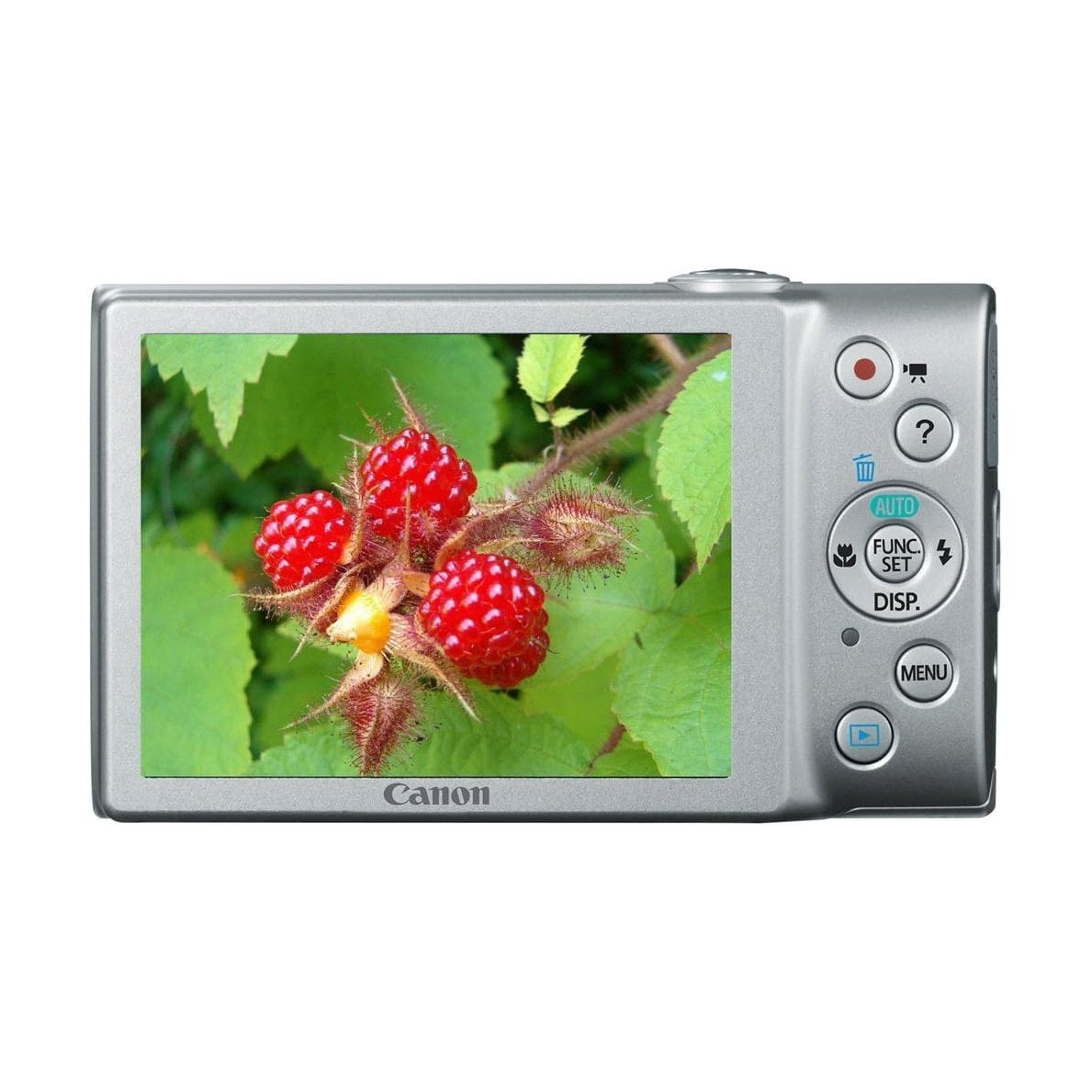 ClubCamera.com Canon PowerShot A4000 IS silver rear view with 3.0-inch LCD showing raspberry zoom detail