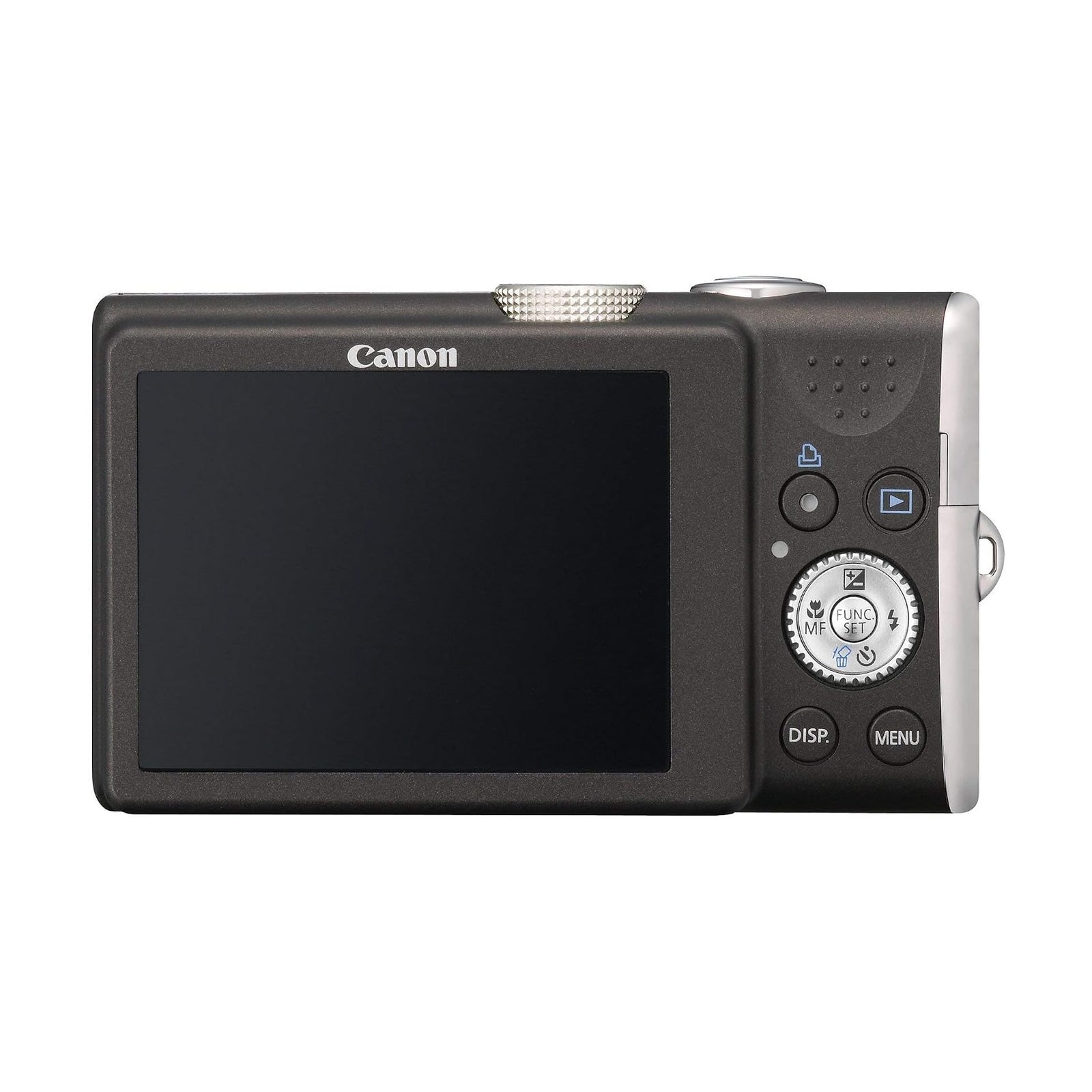 Back view of black Canon PowerShot SX200 IS digital camera with silver control dial and LCD screen at ClubCamera.com