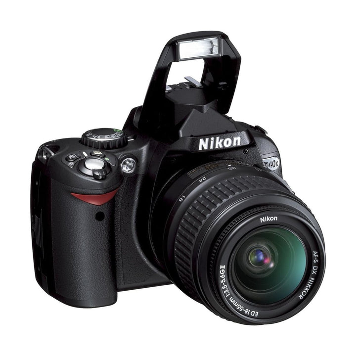 ClubCamera.com raised flash on black Nikon D40X DSLR with 18-55mm lens