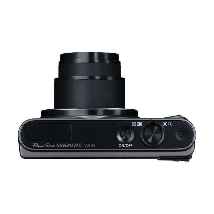 Top-down view of Canon PowerShot SX620 HS Wi-Fi with extended zoom lens and mode dials by ClubCamera.com