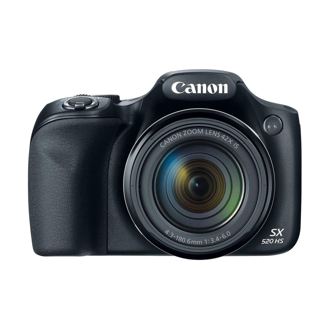 ClubCamera.com black Canon PowerShot SX520 HS front view highlighting 42x IS lens barrel