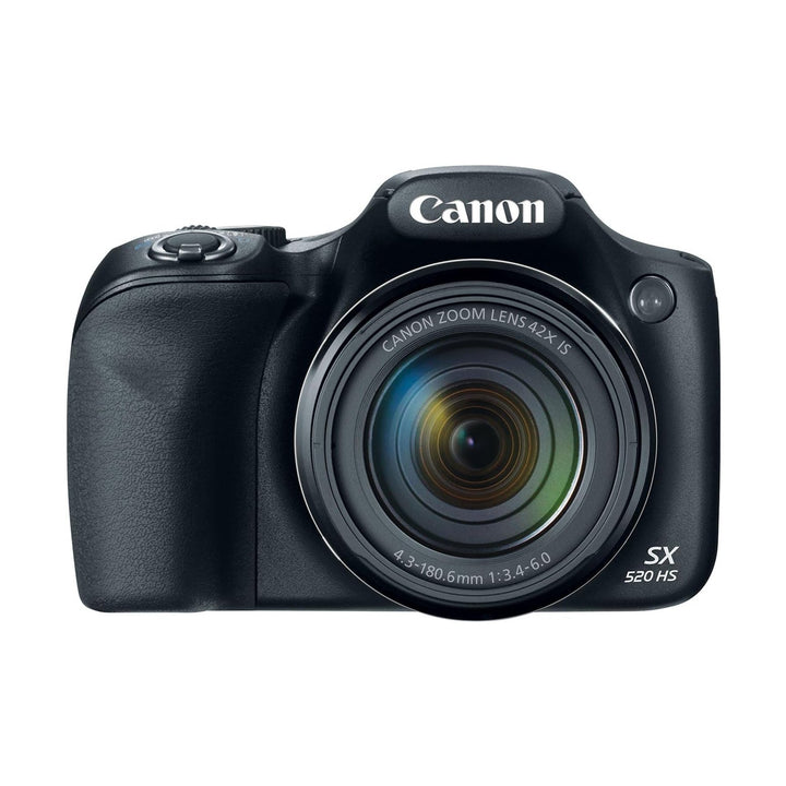 ClubCamera.com black Canon PowerShot SX520 HS front view highlighting 42x IS lens barrel