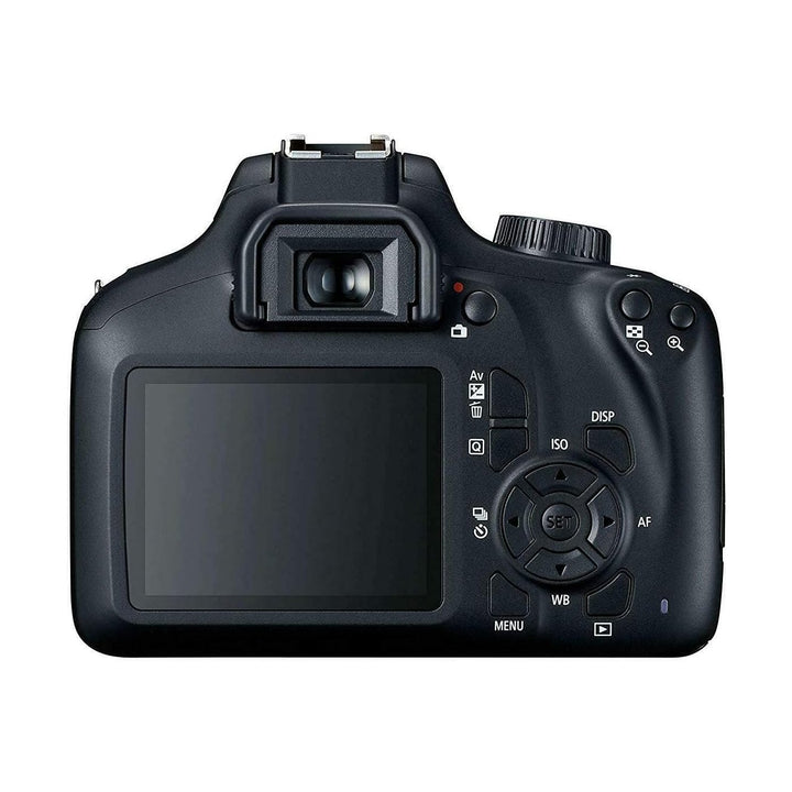 ClubCamera.com black Canon EOS Rebel T100 DSLR rear view with visible LCD screen, textured grip, and labeled control buttons