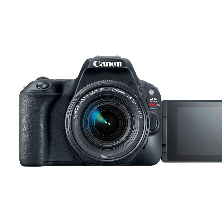 Black Canon EOS Rebel SL2 DSLR with side-flipped touchscreen and 18-55mm zoom lens at ClubCamera.com