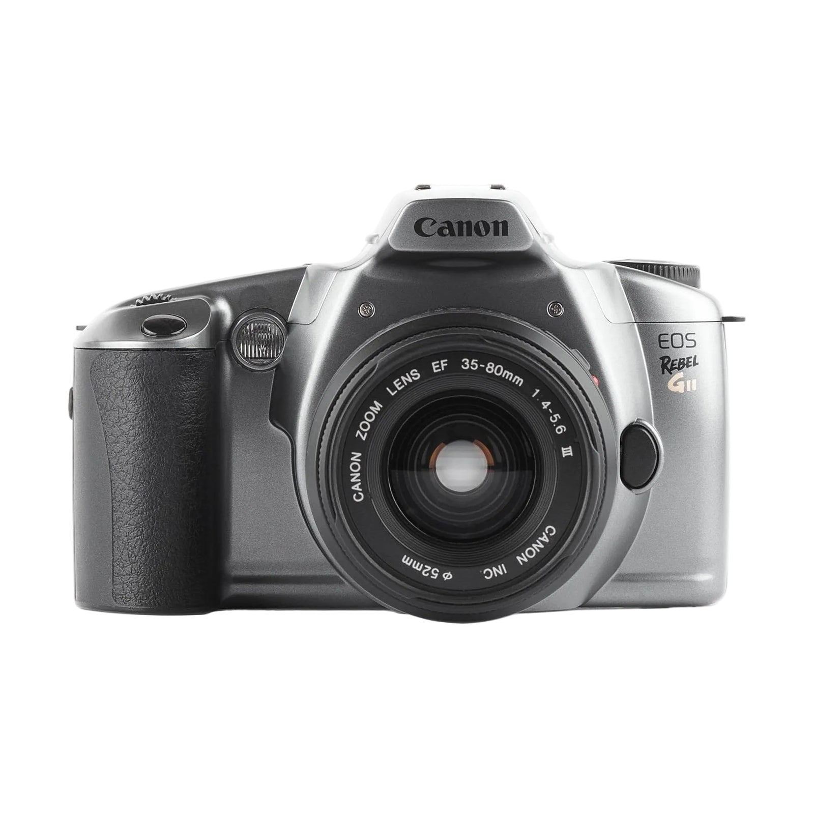 Front view silver Canon EOS Rebel GII 35mm film camera with black grip and EF zoom lens at ClubCamera.com