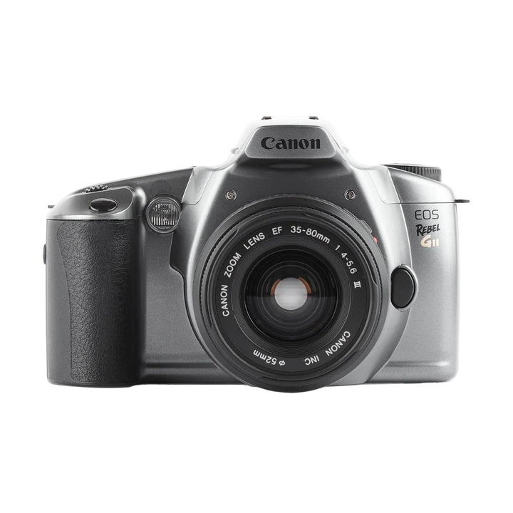 Front view silver Canon EOS Rebel GII 35mm film camera with black grip and EF zoom lens at ClubCamera.com