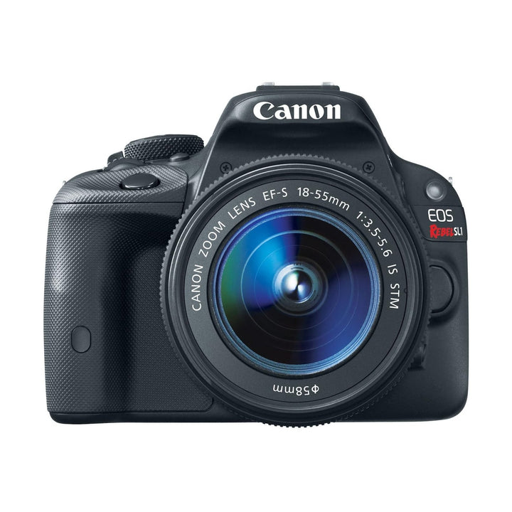 Front view of black Canon EOS Rebel SL1 DSLR with blue-green lens flare reflections at ClubCamera.com