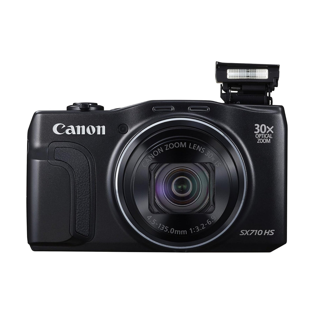 ClubCamera.com black Canon PowerShot SX710 HS with raised pop-up flash and textured grip