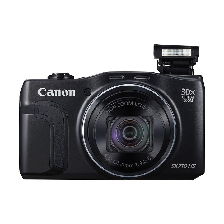ClubCamera.com black Canon PowerShot SX710 HS with raised pop-up flash and textured grip