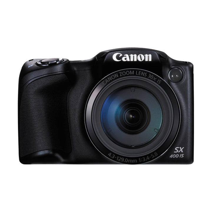 ClubCamera.com angled shot of black Canon PowerShot SX400 IS digital camera with textured grip
