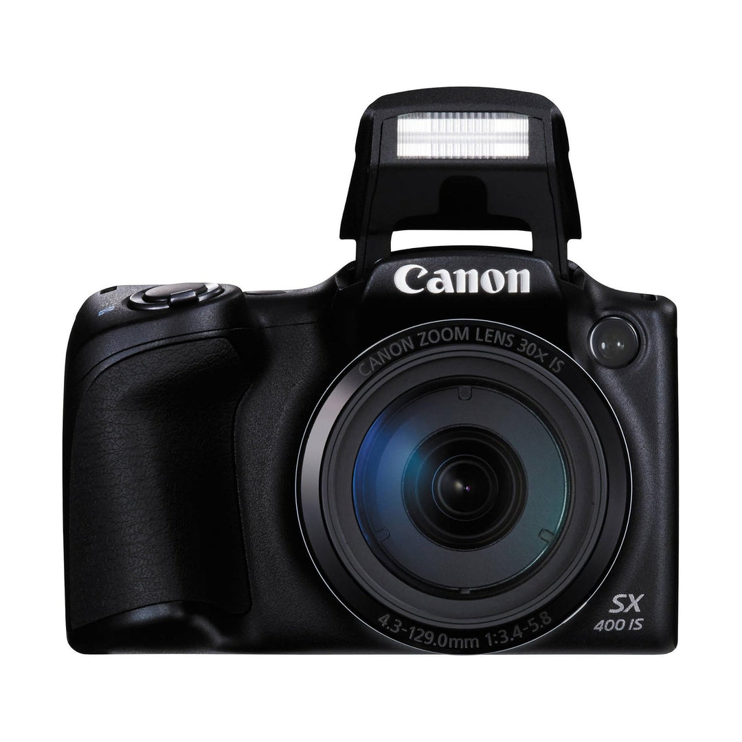 ClubCamera.com black Canon PowerShot SX400 IS with 30x zoom lens and blue anti-reflective coating
