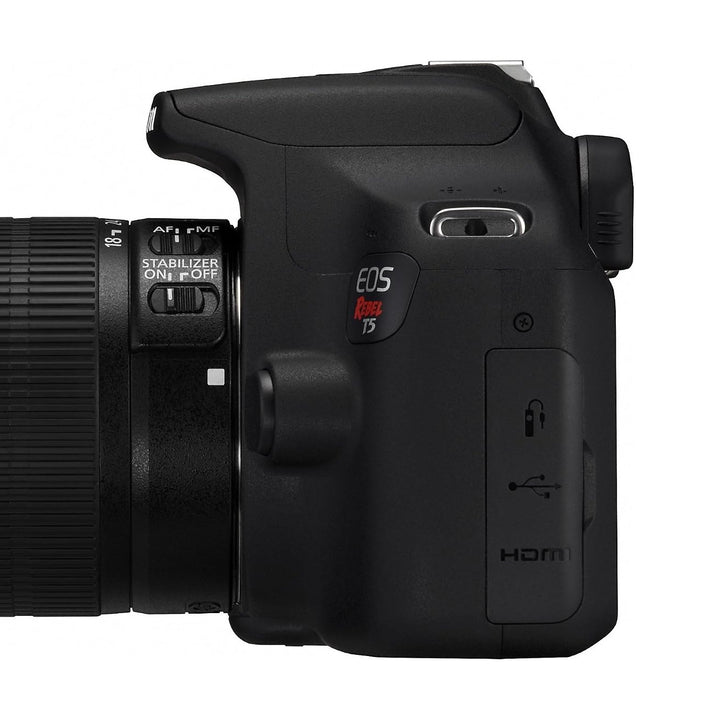 Black Canon Rebel T5 DSLR side profile HDMI port and mode dial by ClubCamera.com