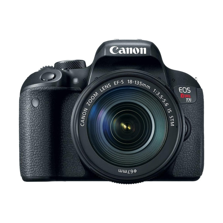 ClubCamera.com black Canon Rebel T7i DSLR front shot with 18-135mm zoom lens