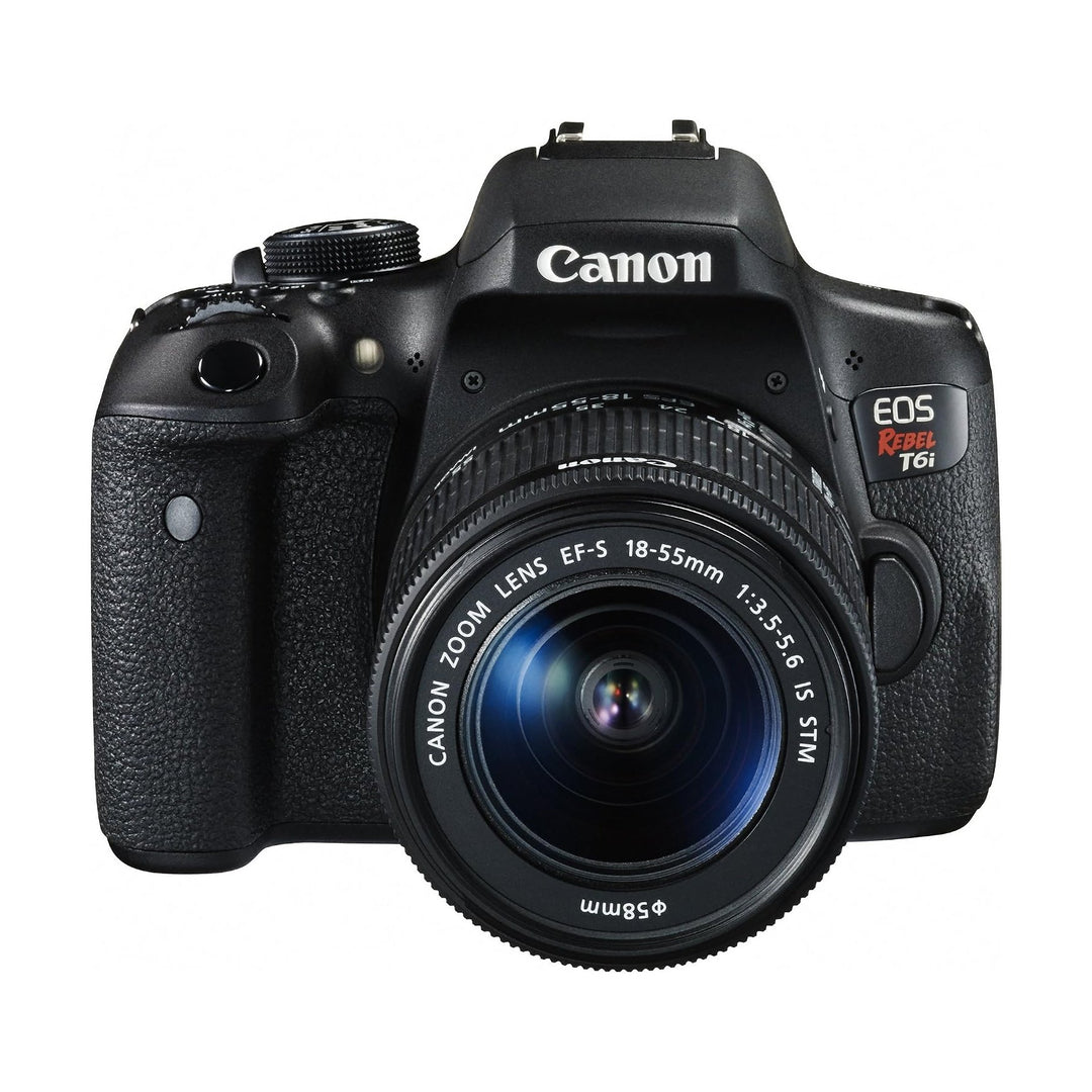 Front Canon Rebel T6i DSLR with EF-S 18-55mm lens and pebbled grip at ClubCamera.com