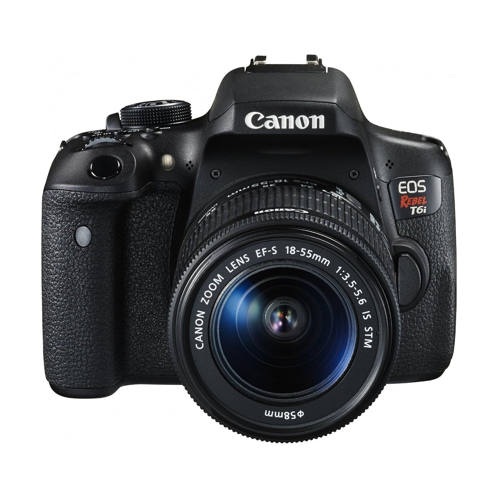 Front Canon Rebel T6i DSLR with EF-S 18-55mm lens and pebbled grip at ClubCamera.com