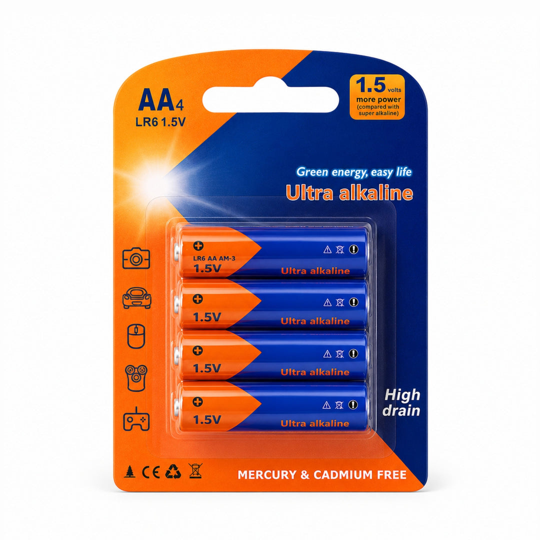 ClubCamera.com AA 1.5V LR6 alkaline batteries in orange and blue blister pack for cameras, remotes, and toys