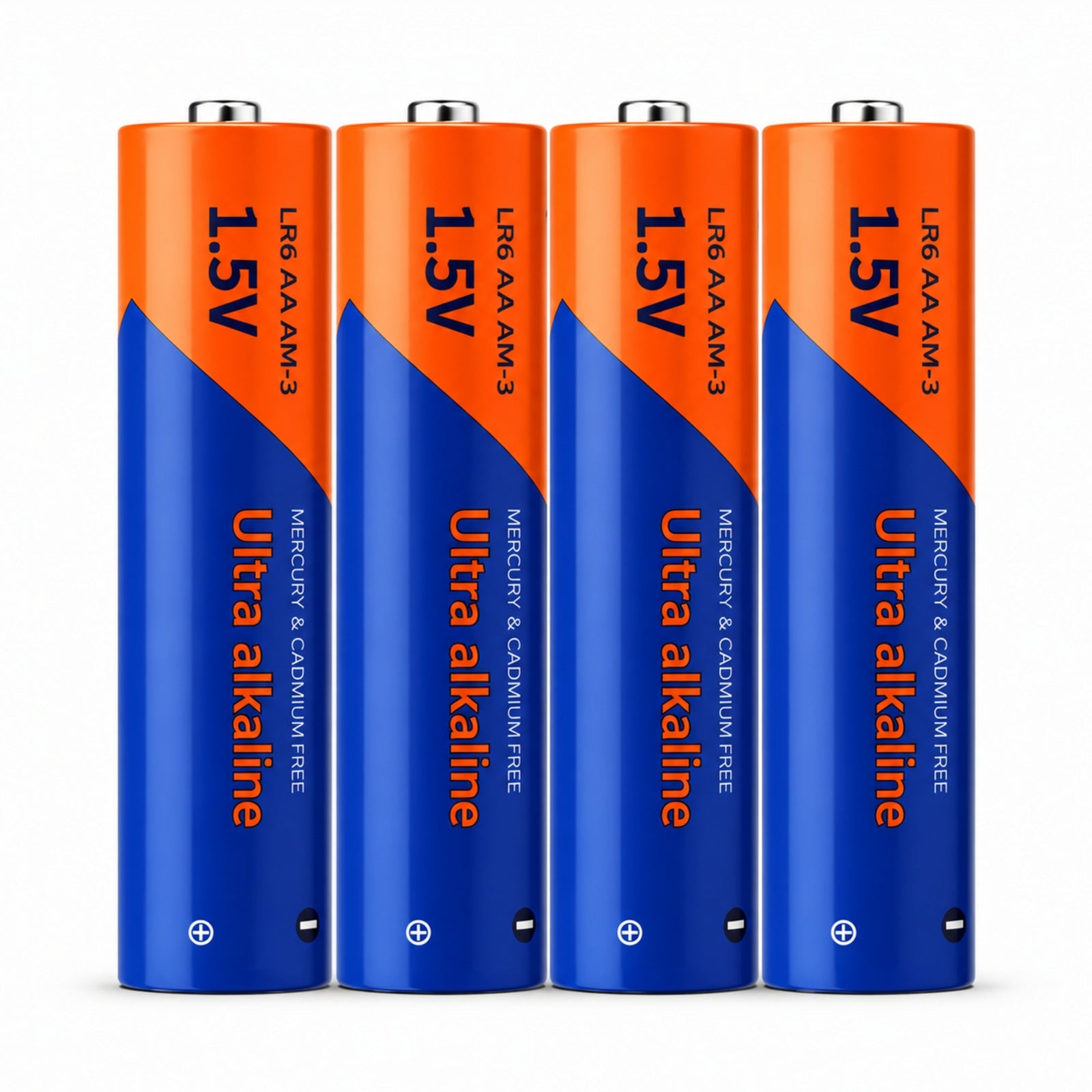 ClubCamera.com four upright blue and orange AA 1.5V LR6 ultra alkaline batteries showing terminals