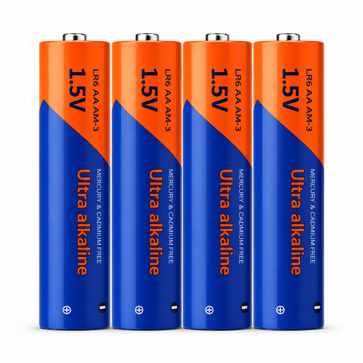ClubCamera.com four upright blue and orange AA 1.5V LR6 ultra alkaline batteries showing terminals