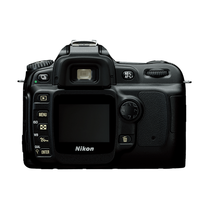 ClubCamera.com rear view of black Nikon D50 camera featuring 2.0-inch LCD screen and control buttons