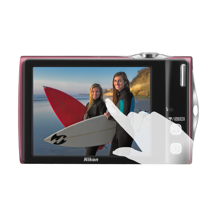 Rear view of ClubCamera.com maroon Nikon Coolpix S4000 featuring 3-inch touch LCD screen displaying beach scene