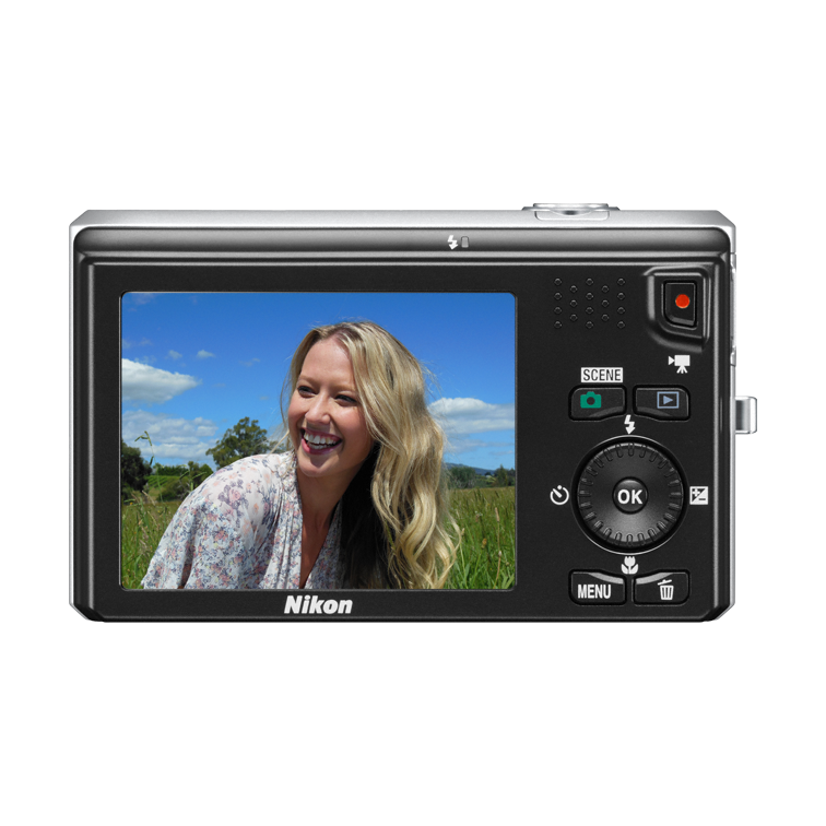 ClubCamera.com black Nikon Coolpix S6300 back view with LCD screen showing outdoor photo and textured grip