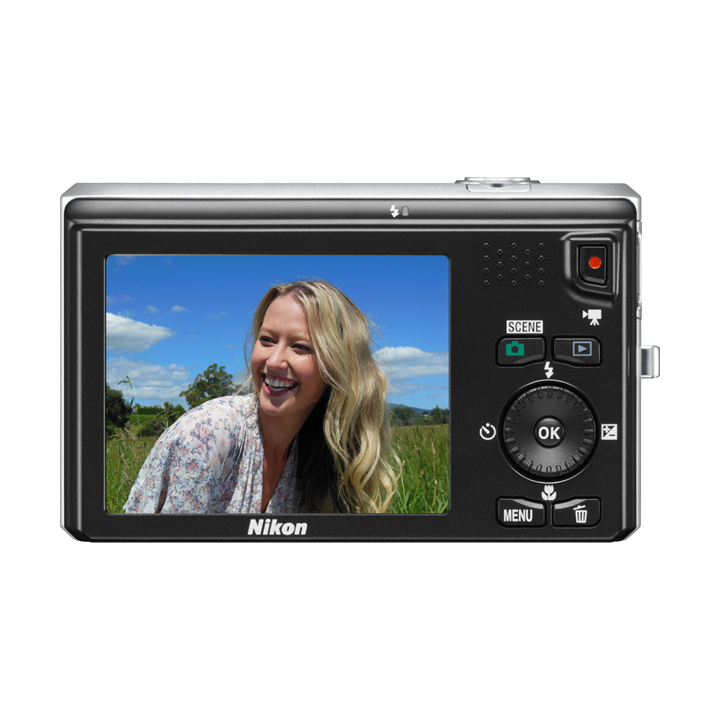 ClubCamera.com black Nikon Coolpix S6300 back view with LCD screen showing outdoor photo and textured grip