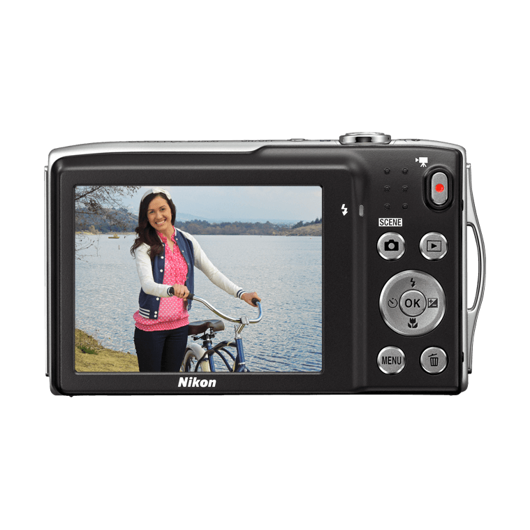 Rear view of ClubCamera.com silver Nikon Coolpix S3300 with LCD screen and control buttons