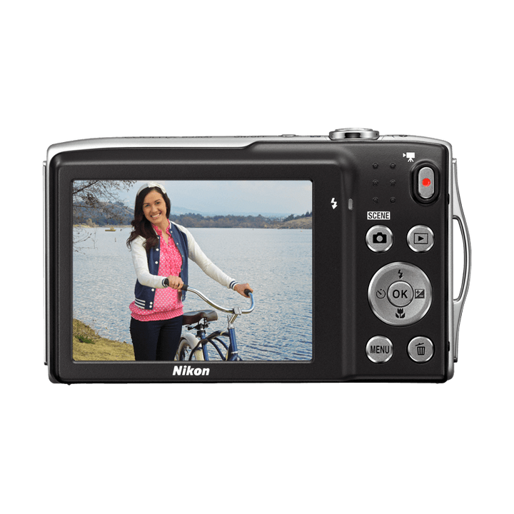 Rear view of ClubCamera.com silver Nikon Coolpix S3300 with LCD screen and control buttons