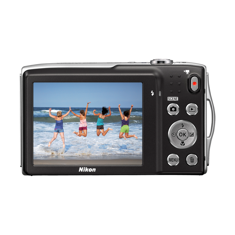 ClubCamera.com black Nikon Coolpix S3200 rear view showing LCD screen displaying beach photo and controls