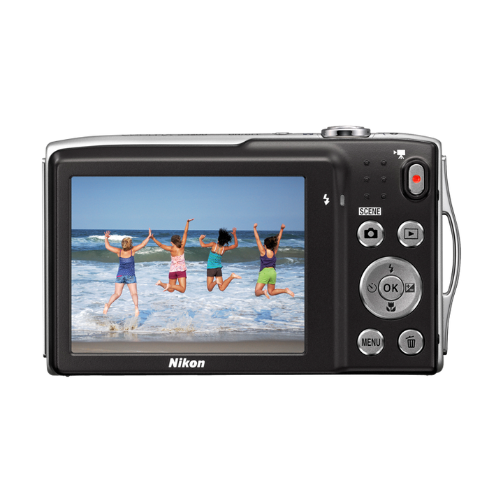 ClubCamera.com black Nikon Coolpix S3200 rear view showing LCD screen displaying beach photo and controls