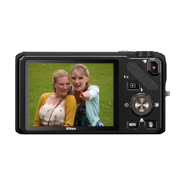 Rear view of black Nikon Coolpix S9200 digital camera with LCD screen showing outdoor photo, sold by ClubCamera.com