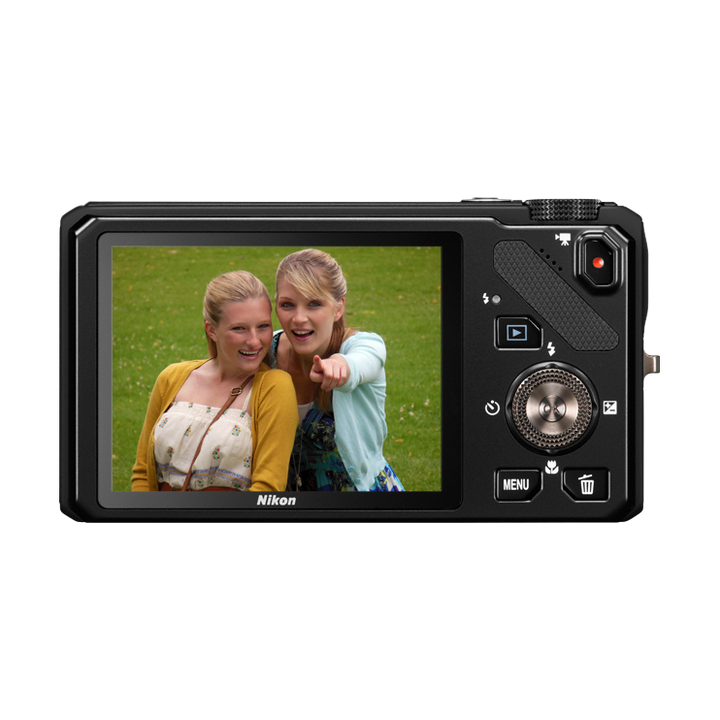 Rear view of black Nikon Coolpix S9200 digital camera with LCD screen showing outdoor photo, sold by ClubCamera.com