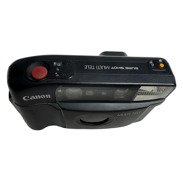 Black Canon Sure Shot Multi Tele film camera top view with red shutter button and silver lettering at ClubCamera.com